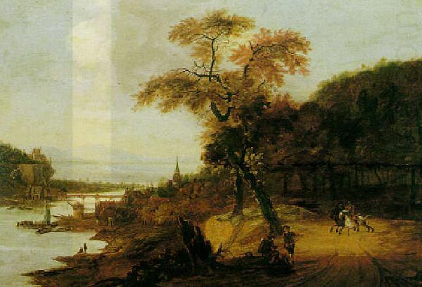 Landscape along a river with horsemen, possibly the Rhine., Jacob van der Does